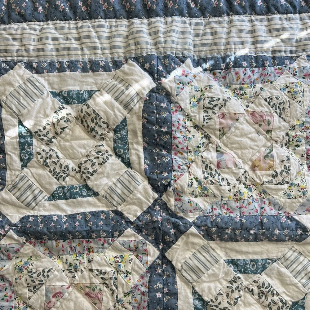 Pair floral quilted standard pillowcase shams cottagecore shabby chic blue white